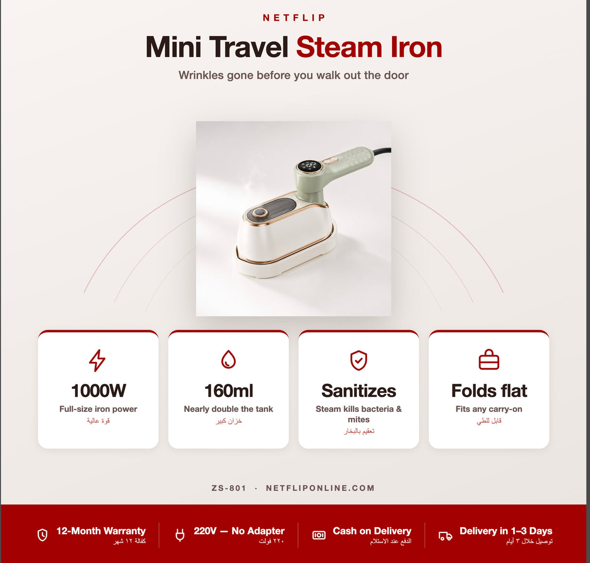 NetFlip Portable Steam Iron — Travel Wrinkle Remover (180° Rotating)